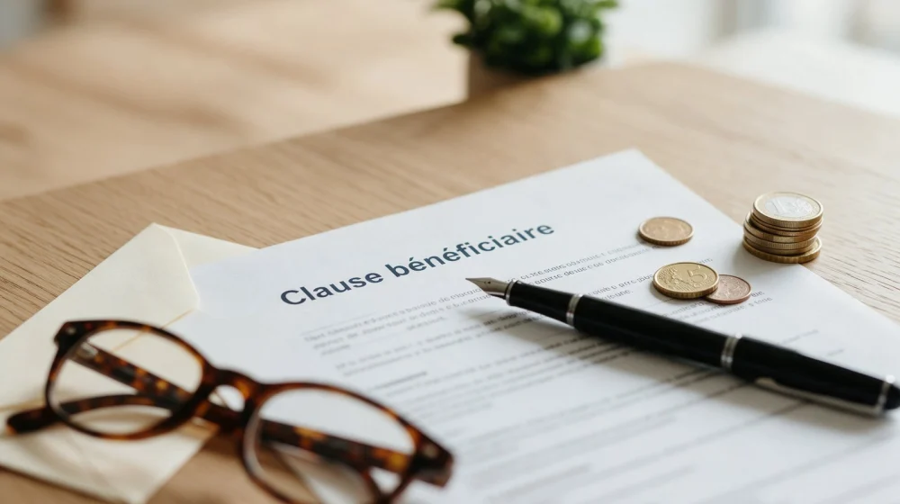 Contrat d’assurance vie ouvert sur la clause bénéficiaire, stylo plume et lunettes sur un bureau