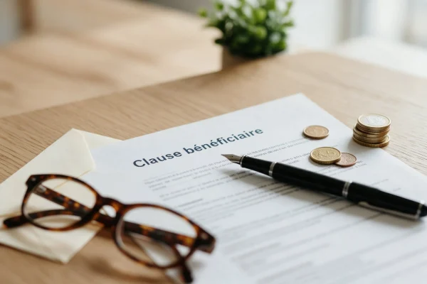 Contrat d’assurance vie ouvert sur la clause bénéficiaire, stylo plume et lunettes sur un bureau